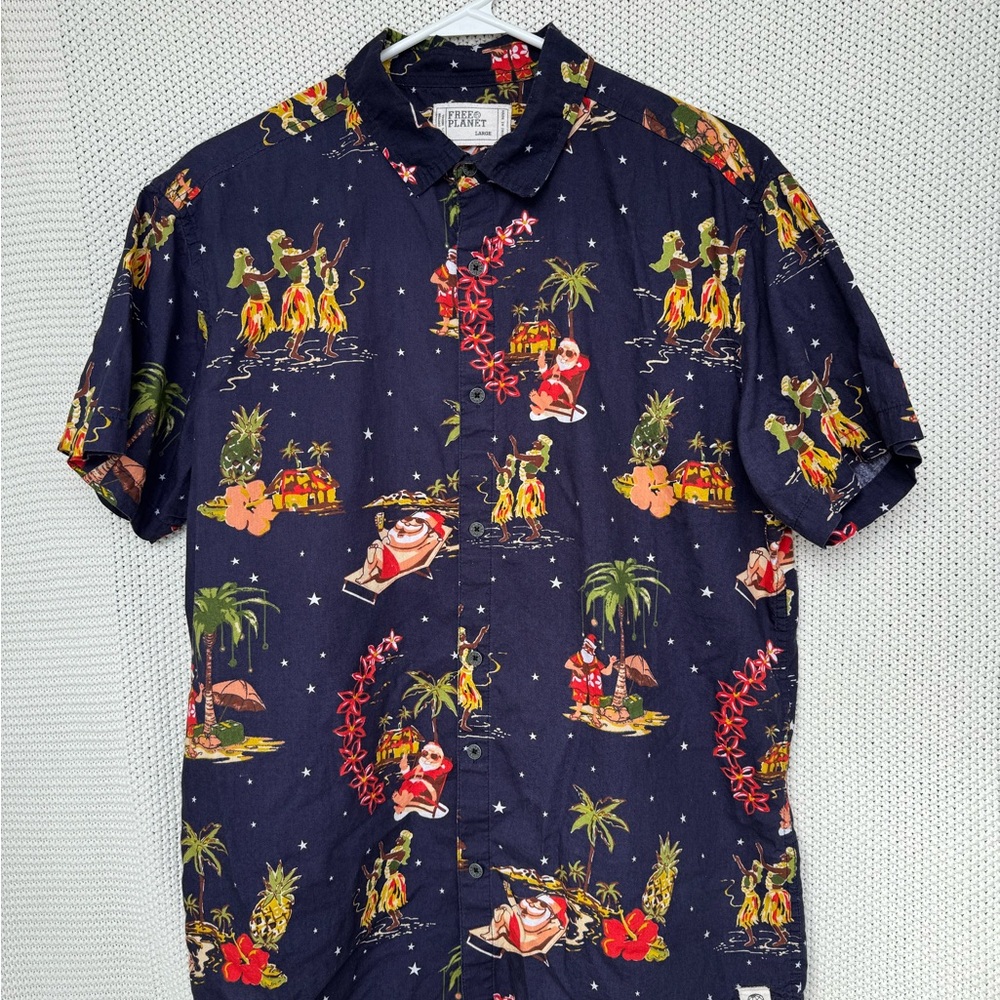 Free Planet Navy Tropical Christmas Print Casual Shirt Y2K
